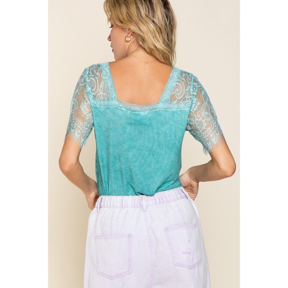 1 S POL Pinky Buttery Soft Lace Sleeve V Neck Tee - Picture 11 of 15